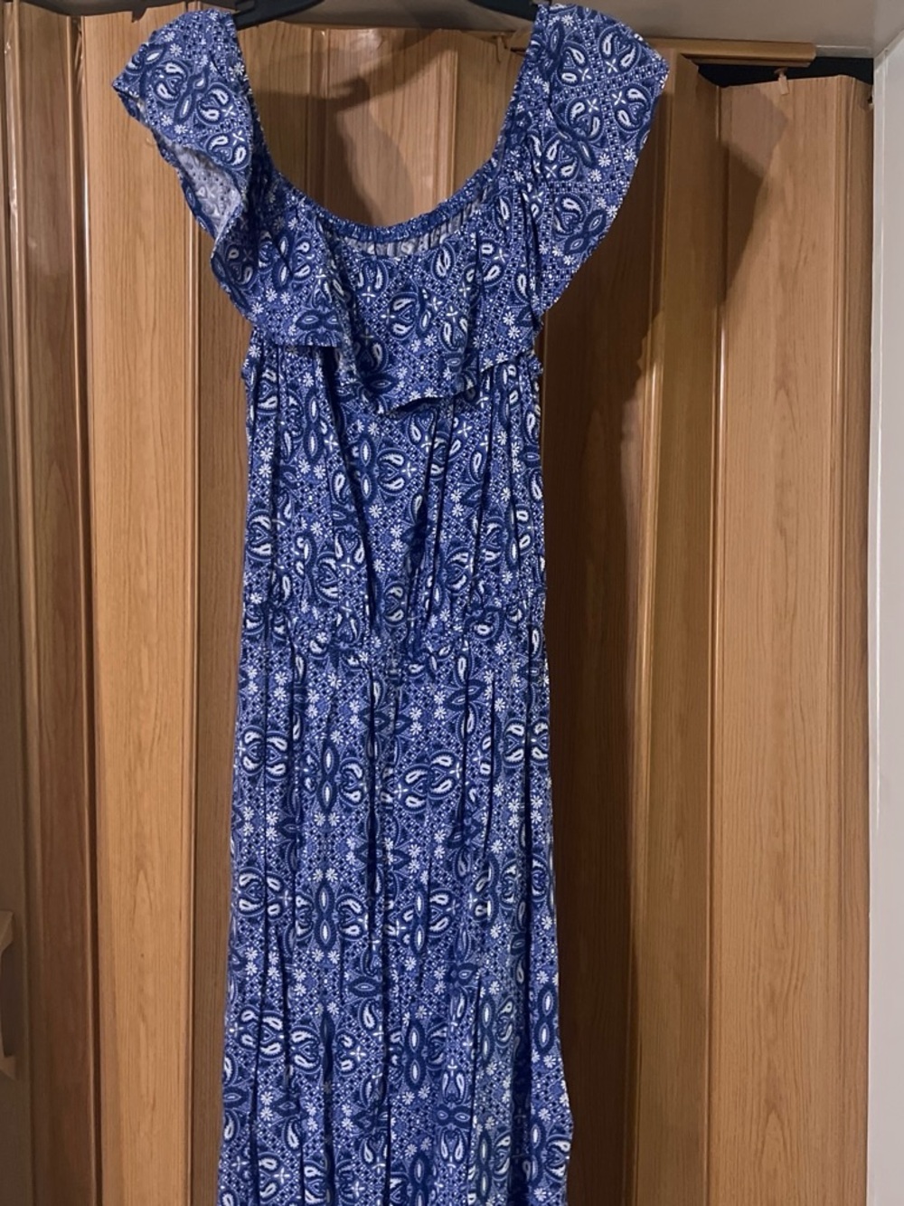 Blue Paisley Off-Shoulder Maxi Dress